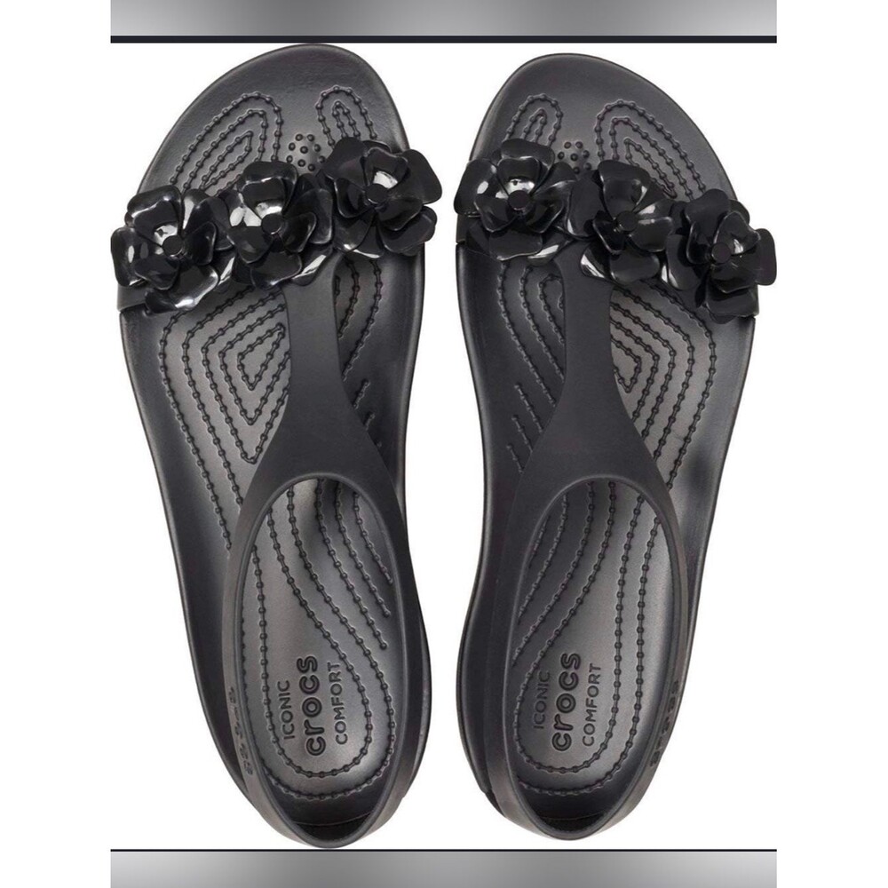 CROCS SERENA EMBELLISH Women’s Black Floral Toe Strap Sandals Size 10 - Picture 2 of 8